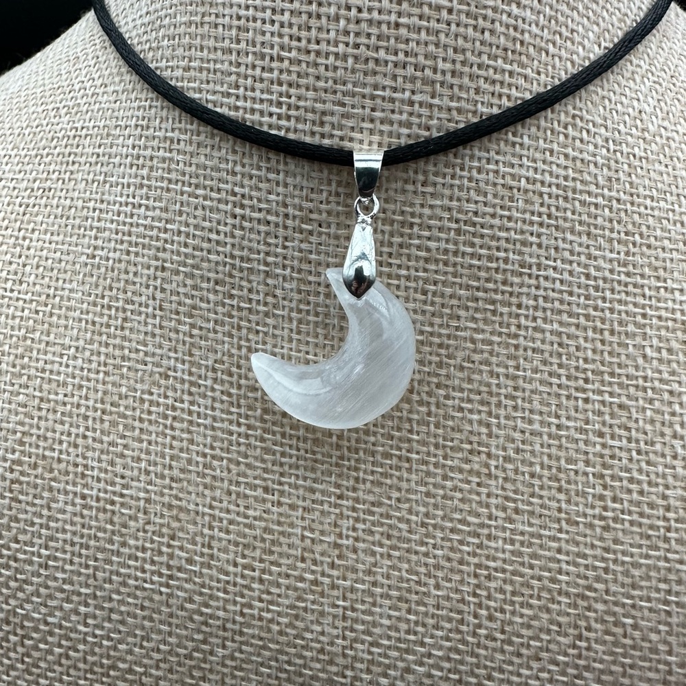 Small Selenite Crescent Moon Pendant on Black Satin Rope - Picture 3 of 7